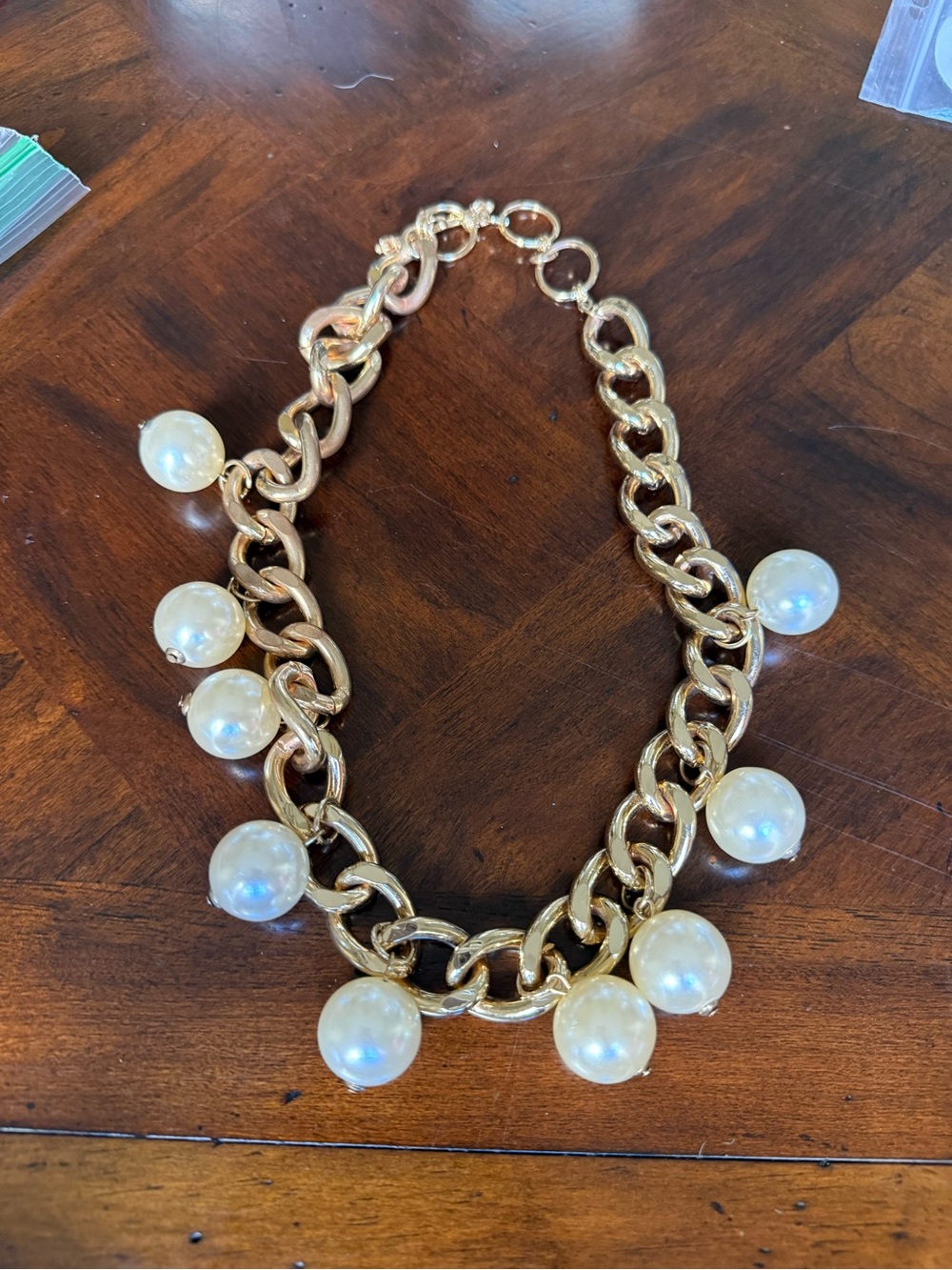 Gold Link Necklace with Cream Pearl Drops